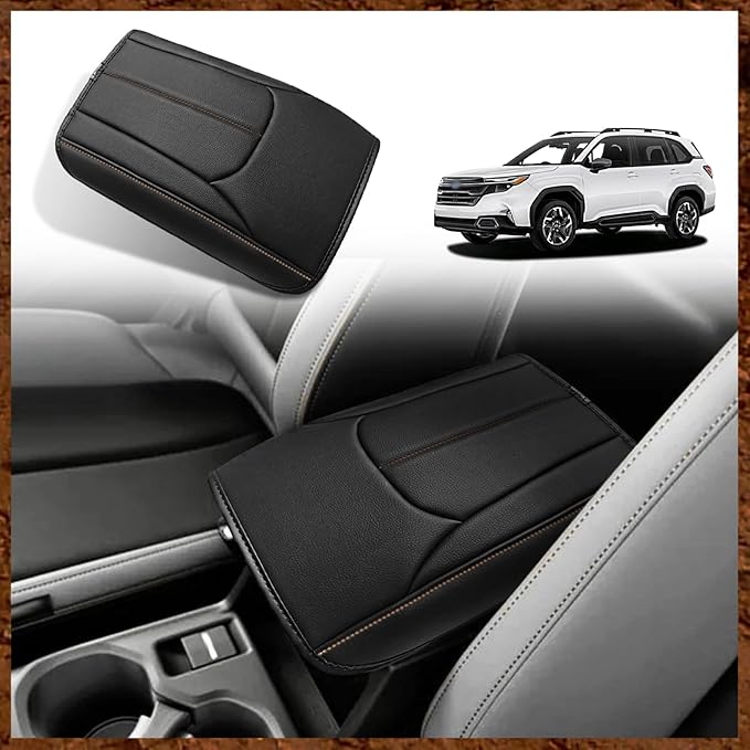 Muslogy Center Console Cover Compatible with Subaru Forester 2025 Accessories Armrest Cover Lid Cushion Protector Anti-Scratch Vegan Leather Extra Soft (Black/Brown Stitching)