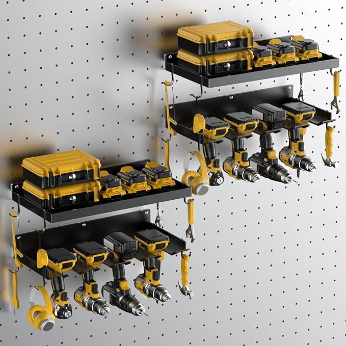 Power Tool Organizer Wall Mount with 8 Drill Holder, Formed Integrally Heavy Duty Garage Tool Organizers and Storage with Hooks for Battery, Tool Box, Screwdriver, Plier and Hammers No Crack