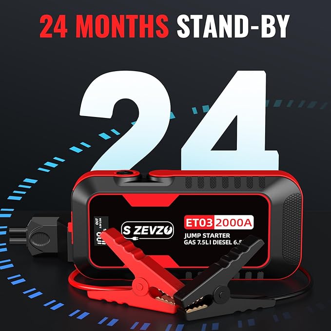 S ZEVZO ET03 Car Jump Starter 2000A Jump Starter Battery Pack for Up to 7.5L Gas and 6.5L Diesel Engines, 59.2Wh Portable 12V Jump Box with USB Ports, LCD Display, Storage Case, and LED Light