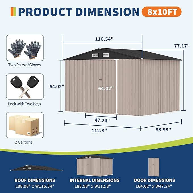 8x10x6.4 FT Outdoor Storage Sheds with Floor, Metal Garden Tool Shed for Backyard, Large Metal Sheds Outdoor Storage With Lockable Doors & Air Vents for Backyard Garden Patio Lawn