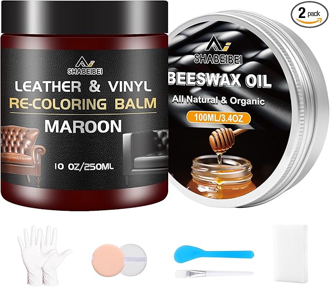 Leather Repair Kit Recoloring Balm Cleaner Conditioner Waterproof Beeswax Oil for Car Seat Furniture Couch Shoe Leather Vinyl(Maroon)