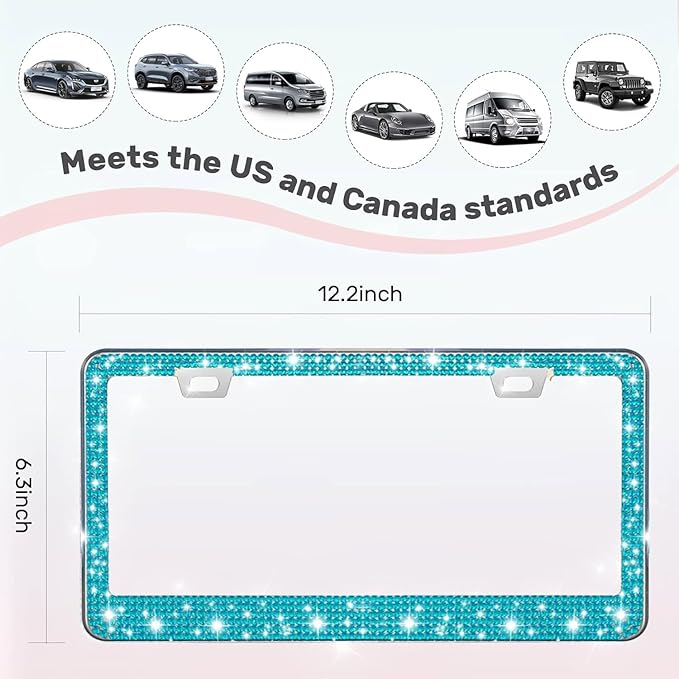 2 Pack License Plate Frames for Women, Sparkly Rhinestone Diamond Car Accessories with Glitter Crystal Caps (Blue（2PCS）)