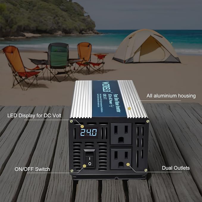 WZRELB 1200W Pure Sine Wave Inverter 24V DC to 110V 120V AC,Car Power Inverter with Dual AC Outlets, LED Display,Off-Grid Portable Power Converter for Home, RV, Truck, Camping