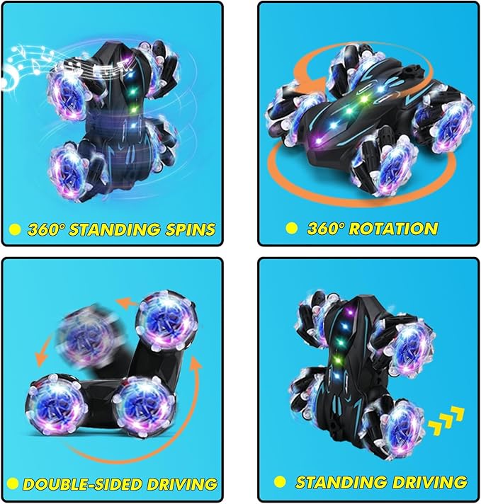 Upgraged Gesture Sensing RC Stunt Car with Lights & Music, Hand Gesture Remote Control car Toy with 360° Spins Gesture RC Spray Car Birthday Toys Gifts for 6 7 8 9 10 Year Old Boys