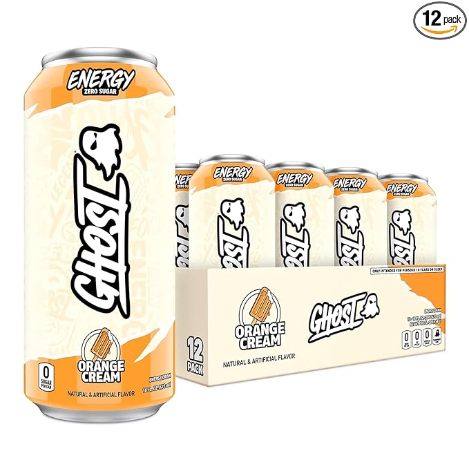 GHOST Energy Drink - 12-Pack, Orange Cream, 16oz Cans - Energy & Focus & No Artificial Colors - 200mg of Natural Caffeine, L-Carnitine & Taurine - Gluten-Free & Vegan