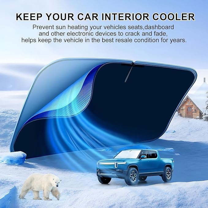 T TGBROS Windshield Sun Shade Custom Fit for 2022-2023 2024 2025 Rivian R1T Accessories Foldable Sun Shield Reflective Polyester Sun Visor Cover Block Heat and Sun Protection