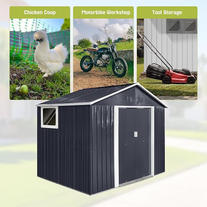 9 x 6.4 Ft Outdoor Storage Shed, Heavy-Duty Metal Shed with Windows & Secure Lockable Doors, Ideal Storage Shed for Outdoor, Patio, Garden, and Backyard, Anthracite
