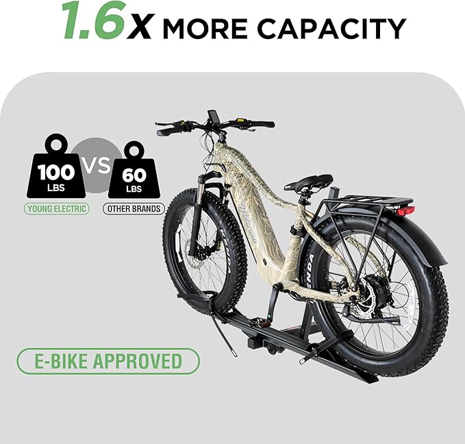 Rockland Aluminum 1-Ebike Rack, 100 lbs Capacity, Single Hitch Mount Electric Bike Rack, Fits up to 5" Fat Tire Width and 50" Wheelbase, Ebike Carrier Rack for 2" Receiver for Cars SUVs Vans RVs