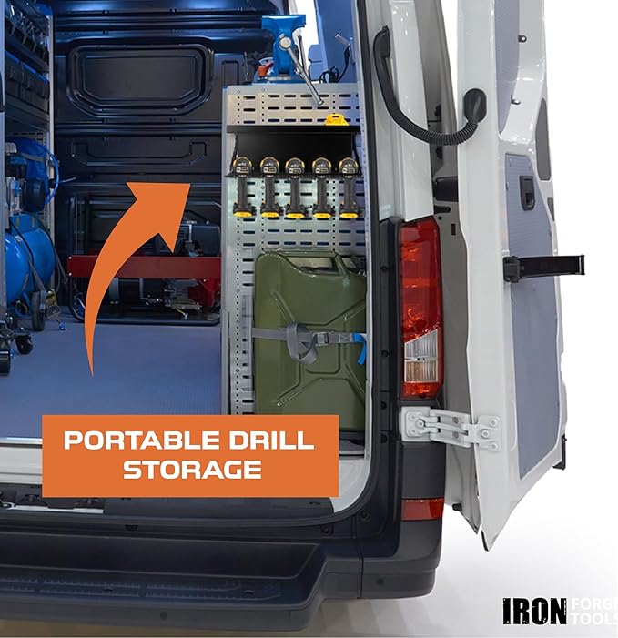 Metal Power Tool Organizer Wall Mount - 5 Drill Holder Cordless Powertool Dock, Enclosed Utility Trailer & Garage with Locking Rack