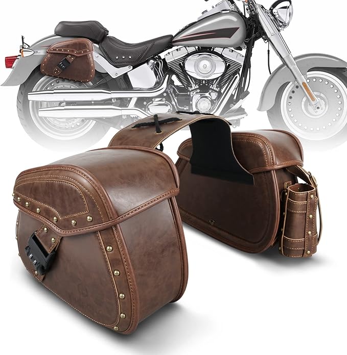 NICECNC Motorcycle Saddle Bags, PU leather Motorcycle Saddlebags, Reinforced Straps & Saddle Piece, with Cup Holder & Lock, Throw Over Saddle Bags Side Bags Universal Motorcycle Accessories, BROWN
