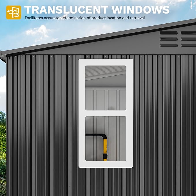DWVO 9' x 4' Outdoor Storage Shed with Windows, Lockable Double Doors, Sloped Roof, Heavy-Duty Steel Shed for Garden & Patio, Large Backyard Tool Organizer, Dark Gray