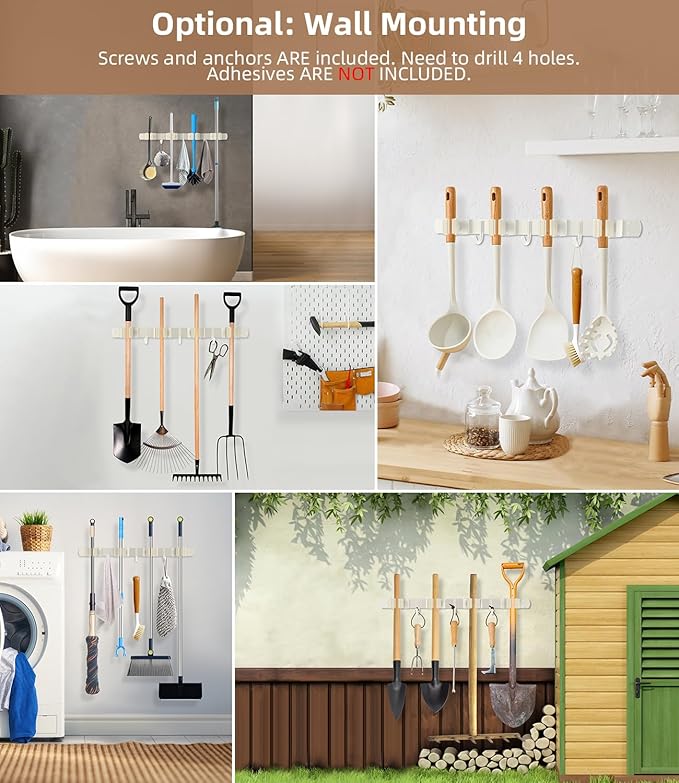 Broom Holder Over The Door - 304 Stainless Steel Mop and Broom Holder Wall Mounted or Hanging Over The Door with Hooks - Broom Hanger - white, Broom Storage Tool Organizer for Closet Laundry