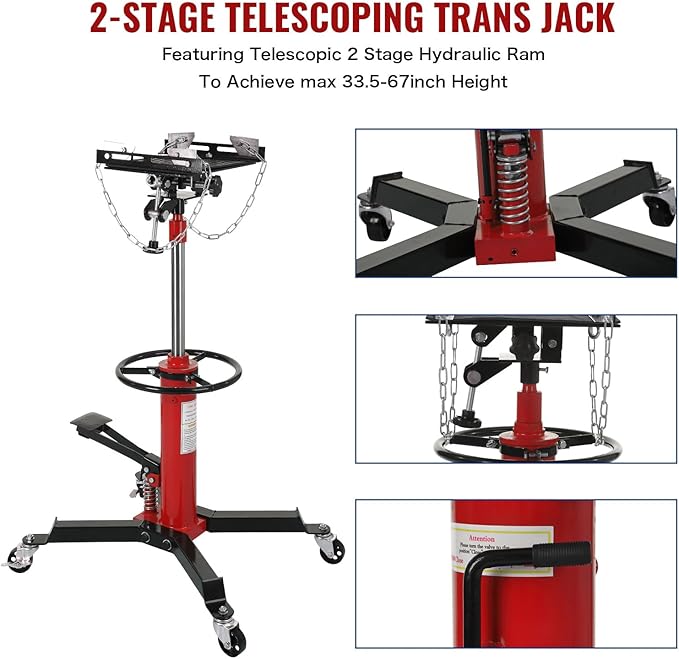 Hydraulic Transmission Jack 1100 Lbs (1/2 Ton) Capacity 33.8"-72.8" Lifting Height 2 Stage Hydraulic Telescoping Jack, Trans Jack Stand Heavy Duty with Foot Pedal and 360° Swivel Wheel, Red