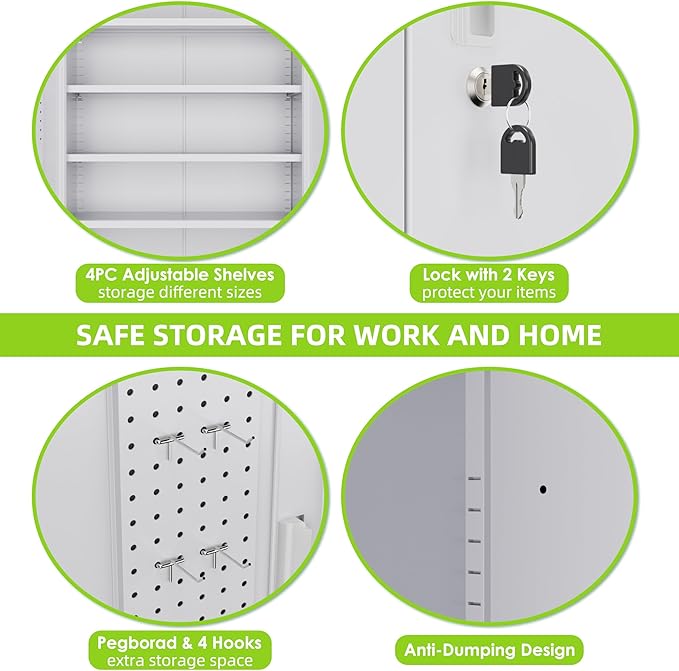 Garage Storage Cabinet with with Pegboard and Wheels,73" Metal Lockable File Cabinet with 2 Doors and 4 Adjustable Shelves,Tool Storage,Home Office Garage,Gym,School (White)