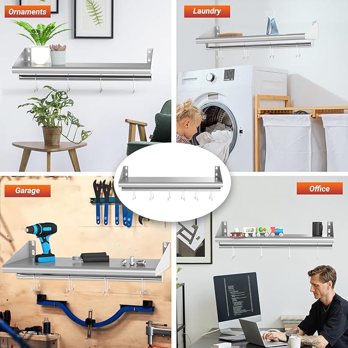 Skyflame 12" x 36" Wall Shelf with 6 Hanging Hooks for Storage, Stainless Steel Commercial Shelving with Side Guards for Bar, Utility Room, Kitchen, Garage
