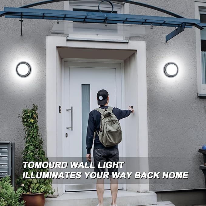 Outdoor LED Flood Lights, Waterproof Modern Exterior Wall Light, 12W Anti Rust Outside Porch Lighting with 6000K Daylight Small Circle Wall Mount Fixtures for House Backdoor Yard Entryway