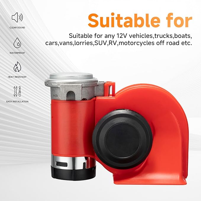 Train Horns kit for trucks,Air Horn for Motorcycle,Train Sound Car Horn Kit 12V Super Loud Electric Bull Horn(red horn with wire and button, 12v)
