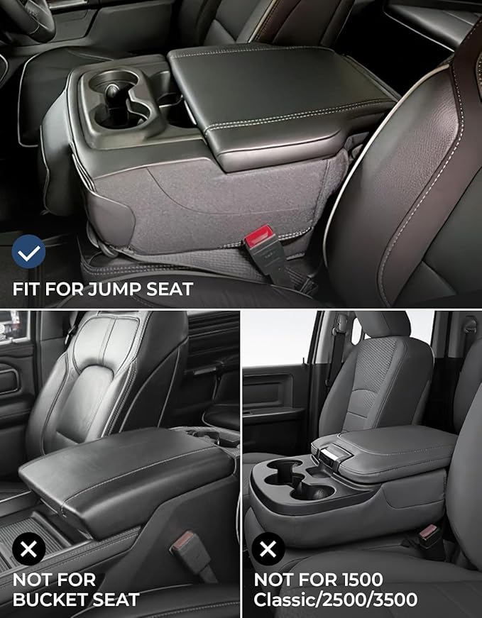 ISSYAUTO Center Console Cover Compatible with 2019-2024 Ram 1500 New Model Jump Seat Console, Armrest lid Cover Leather Arm Rest Covering for Car, Durable Middle Console Cover Armrest Box