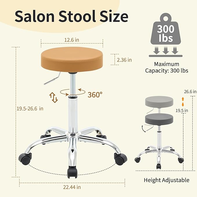 Rolling Massage Chair, Adjustable Hair Cutting Stool 19.5’’-26.6’’, Camel Brown Vanity Stool with Wheels (Camel Brown)