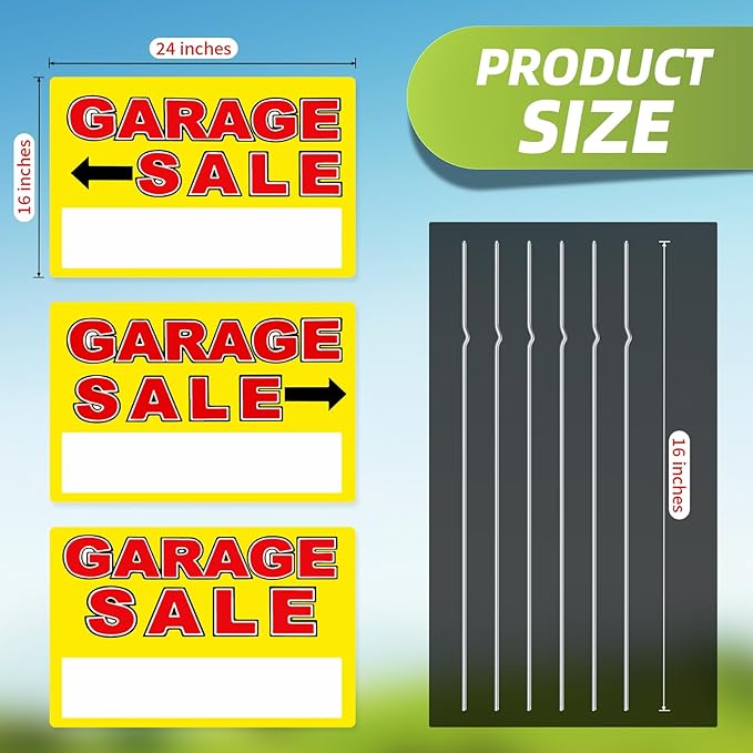 Garage Sale Sign, Large Size 24" x 16" Garage Sale Signs with Stakes, 3PCS Double-Sided Large for Sale Sign with Directional Arrow, Corrugated Plastic Weatherproof Suitable for Yard Sale