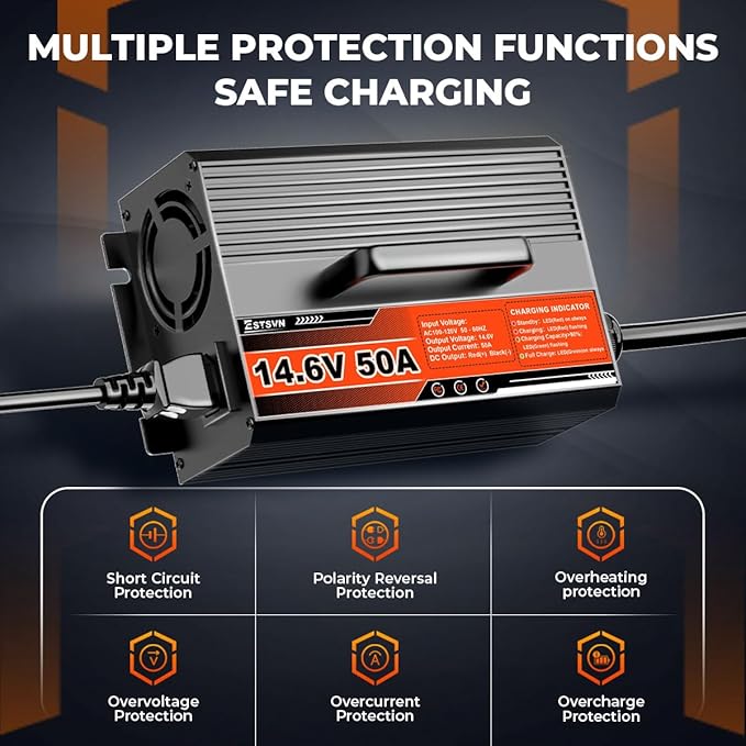 50A 14.6V LiFePO4 Battery Charger 12V Lithium Battery Smart Charger Fast Charging with Anderson Connector AC-DC Trickle Charger for Deep Cycle Rechargeable Batteries of RV Boat Car Marine