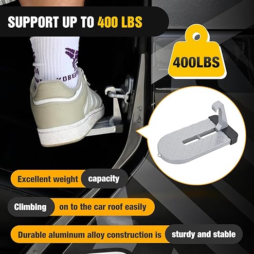 Nilight Car Door Step for Roof Access Universal Car Step Hook for Roof SUV Trucks Folding Aluminum Alloy Vehicle Door Latch Step Pedal with Glass Breaker Safety Hammer, Max Load 400lbs, 2 Pack Gray