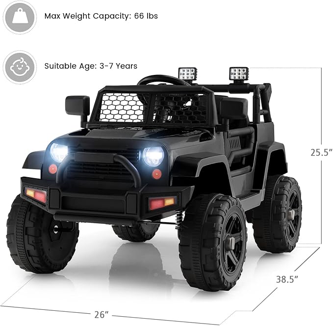 OLAKIDS Kids Ride On Truck, 12V Electric Vehicle Jeep Car with Remote Control, Toddlers Battery Powered Toy with 2 Speeds, Spring Suspension, Double Open Doors, LED Lights, Music, TF, USB, Mp3 (Black)