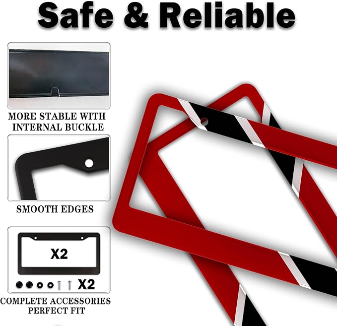 Car Plate Frame Red, Black, White License Plate Frames Trinidad and Tobago Flag Aluminum Metal Car Accessory 2 Pack with Screw Covers Set