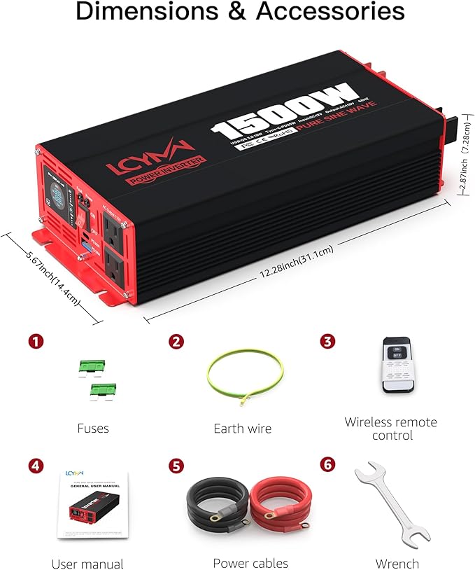 1500 Watt Pure Sine Wave Power Inverter DC 12V to AC 110/120V with Dual Outlets USB-C 30W USB-QC 18W Fast Car Charger Adapter LCD Display and Remote Control Converter for Off-Grid Home RV Solar System