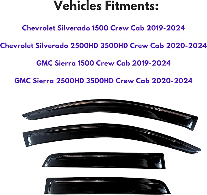 KPY Window Visor for 2019-2024 GMC Sierra Crew Cab & Chevrolet Chevy Silverado 1500 Crew Cab, 2500HD 3500HD 2020-2024, 4PC Rain Guards Tape-On Style, 2019 2020 2021 2022 2023 2024 (Crew Cab Only)