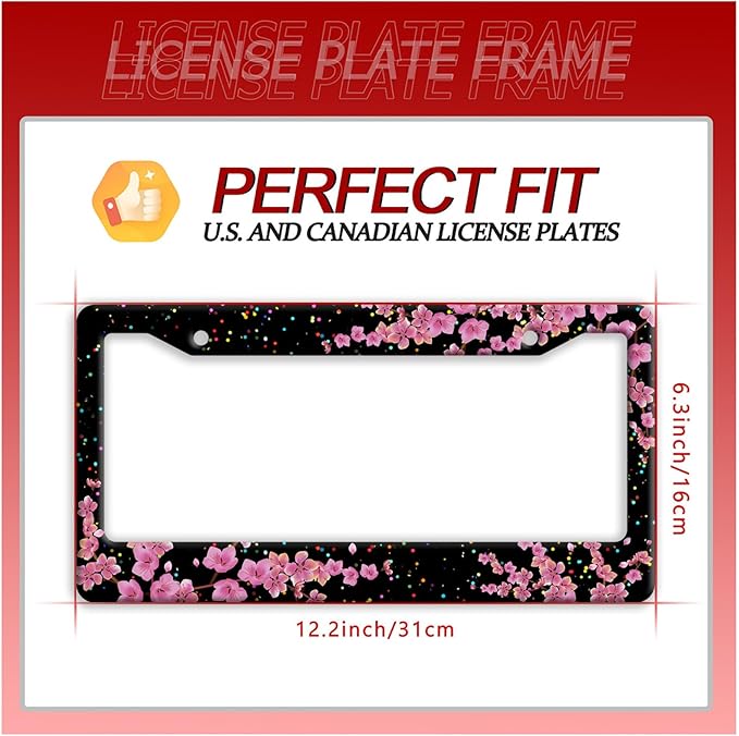 Cherry Blossom License Plate Frame Beautiful Flowers License Plate Frames Stainless Steel Accessories Cars Decor With 2 Holes And Screws Fits Standard Us Ca Vehicles License Plate Holder 12.2 X 6 Inch