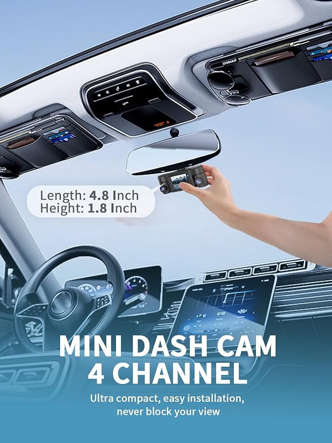 Dash Cam Front and Rear Inside, 360° Dash Camera for Cars 4 Channel 4K/2K FHD Mini Dashcam, Car Camera Built-in WiFi GPS, with 64GB Card, Voice Control, Night Vision WDR/HDR,24/7 Parking Mode V50-4CH