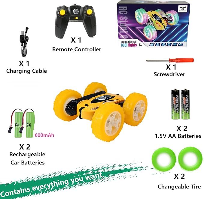 FREE TO FLY Remote Control Car for Boys 6-12: Kids Rc Stunt Car 2.4GHz Fast Race Car with Lights 4WD 360°Rotating RC Cars Toy Gifts Presents for Boys Girls Age 6 7 8 9 10 11 Year Old Yellow