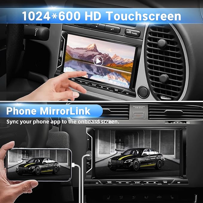 7 Inch Double Din Car Stereo Support Apple CarPlay Android Auto Mirror Link Capacitive Touchscreen Monitor Car Play Radio with Bluetooth 5.0, FM Radio, USB/TF/AUX Port, Backup Camera, Remote Control