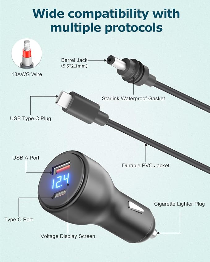 Starlink Mini USB C Power Cable 5.9FT 3 in 1 Starlink Mini Car Adapter DC Power Cable and Car Charger Smart Boost 12V to 20V/100W with Digital Display Durable USB C PD 100W and USB A 18W Port 1.8M