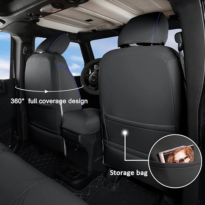 GIANT PANDA Customized Full Set Car Seat Covers for Jeep Wrangler 4 Door JK Sahara Sport Rubicon Unlimited Willys Wheeler Altitude 2013 2014 2015 2016 2017, Faux Leather - (Black+Blue)