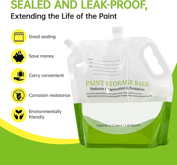 4 Pcs Paint Storage Pack Bags, 1.2L Reusable Paint Saver Bags with Funnel for Leftover Water Based Paint, Airtight Pouches for Easy Mixing & Dispensing for Home DIY Professional Painters