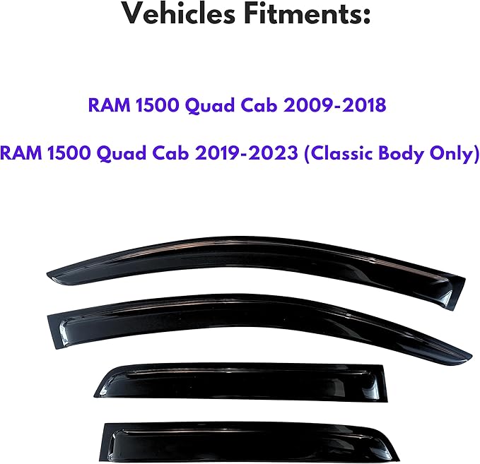 KPY Window Visor Compatible with 2009-2018 Dodge Ram 1500 Quad Cab, 4PC Rain Guard Side Window Vent Deflectors Tape-On Style, 2009 2010 2011 2012 2013 2014 2015 2016 2017 2018 (Quad/Extended Cab Only)