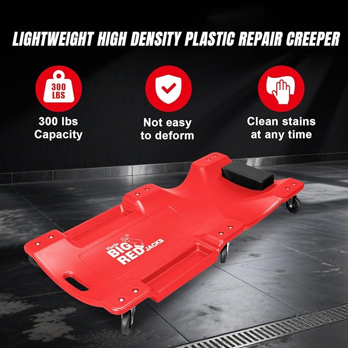 Big RED Plastic Rolling Garage/Shop Creeper: Dual Tool Trays and 6 Casters, Red，40" Mechanic Cart with Padded Headrest