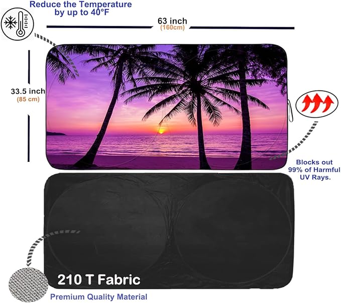 Gven Car Windshield Sun Shade Foldable Cute Sun Windshield Shade for UV Protecion Heat Reduction Funny Cooling for Summer Pink Car Accessories Cool Seats, Easy Fold (Sunset Purple, L)