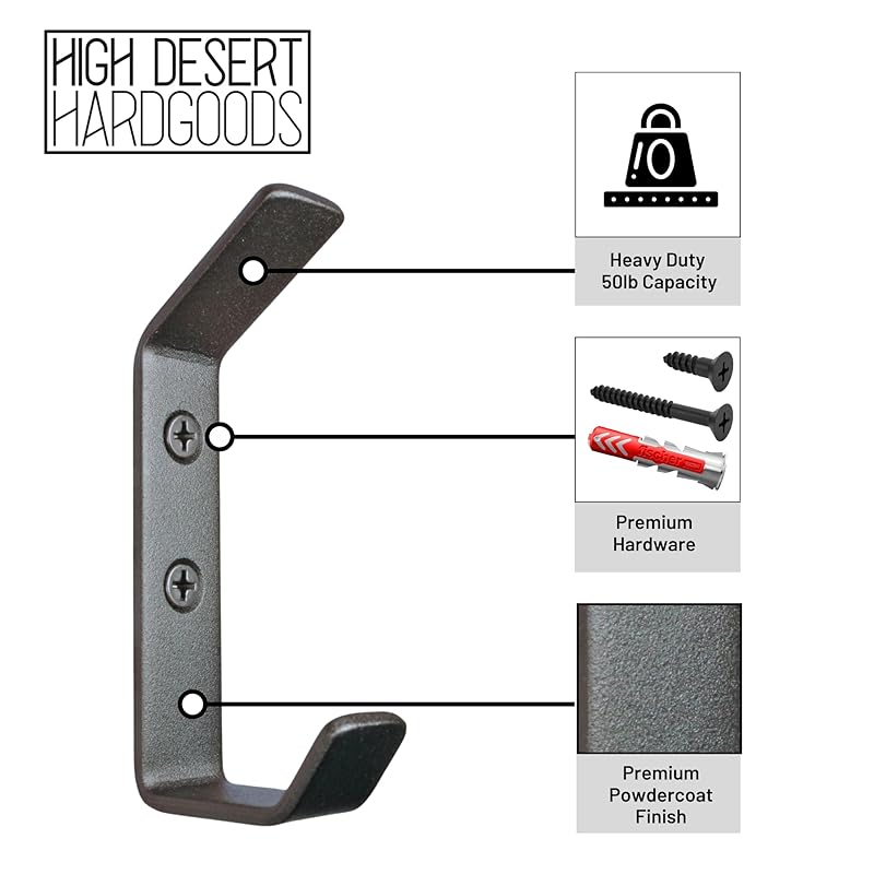 Wall Hooks Double Hook 4-Pack - Made in USA - 50 lb Capacity Stel Coat Hooks, Powder Coated Metal Wall Mount Hooks for Entryway, Garage, Bathroom.