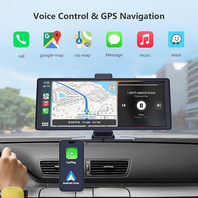 Portable Apple CarPlay & Android Auto – 10.26" Wireless Car Stereo, 4K Dash Cam, 1080P Backup Camera, Voice Control, GPS Navigation, Bluetooth, Mirror Link, Portable Touchscreen Display