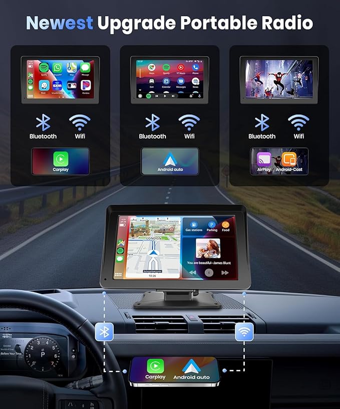 Podofo Portable Car Stereo Wireless Carplay Android Auto,7 Inch Touch Screen Car Radio with Bluetooth Hands-Free/Mirror Link/Maps Navigation/Voice Control/TF Card/AUX,for Cars, Trucks, SUVs