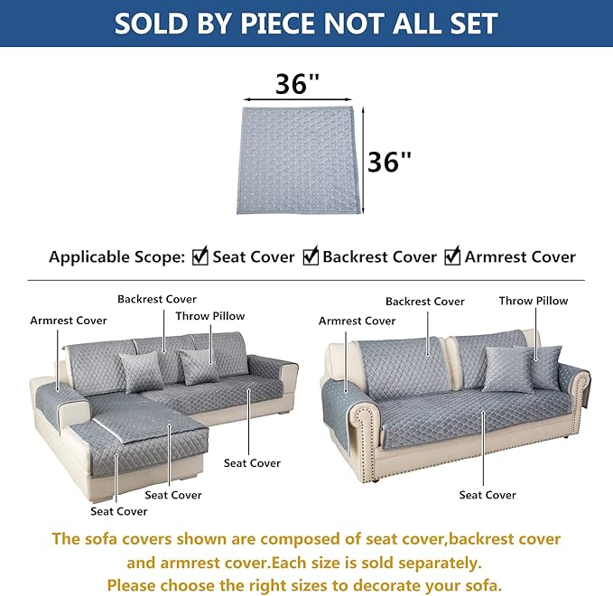 Eismodra Couch Cover,Sectional Couch Covers,Sofa Covers for 3 Cushion Couch,Anti-Slip Sofa Slipcovers for Dogs Cats Kids Loveseat Recliner L Shaped Armrest Backrest,Light Gray 36''x36''(Only 1 Piece)