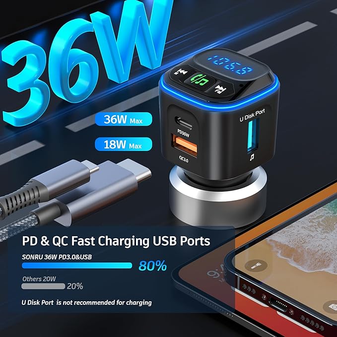 Bluetooth 5.3 FM Transmitter Car Adapter [PD36W & QC18W] [Fast Charging] Wireless Radio Adapter HiFi Bass Sound Hands-Free Calling LED Display with Light Switch Support Bluetooth/U Disk/TF Card