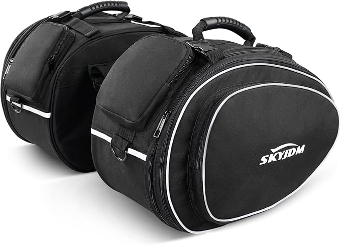 Motorcycle Saddlebags with Protective Cover, Large Capacity Extendable Saddle Bags Motorcycle Side Bag with Reflective Strip