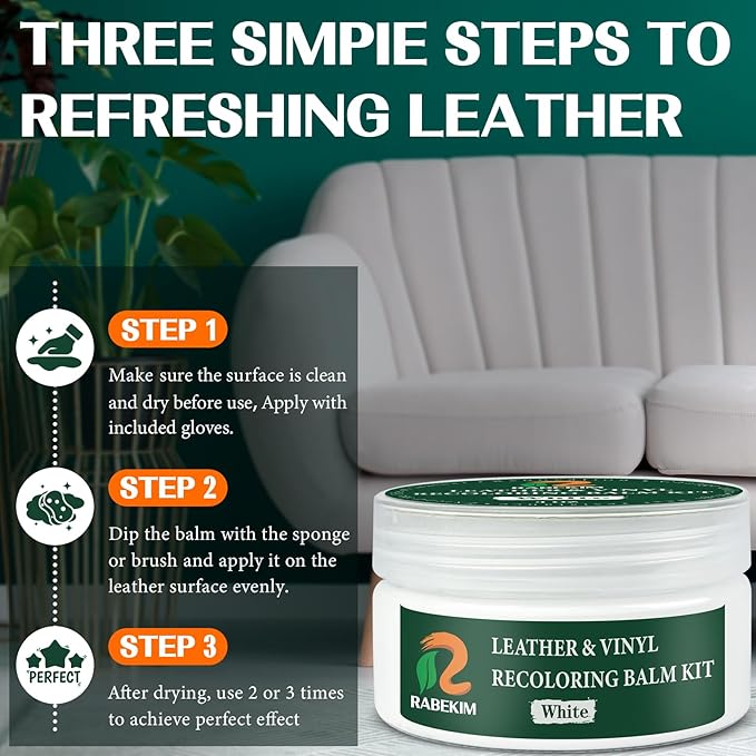 White Leather Repair Kit, Leather Recoloring Balm – Restore & Repair Faded Leather on Couches, Car Seats, Shoes & Furniture | Leather Color Restorer & Conditioner | Easy DIY Application