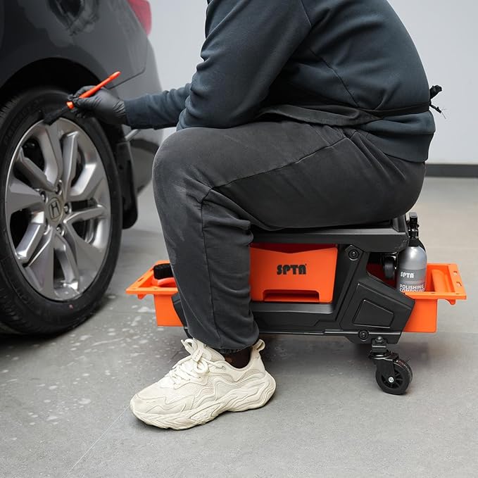 SPTA Automotive Mobile Rolling Mechanics Stool - Heavy Duty Roller Creeper Seat Soft Rubber Cushion Brake Wheels Storage Drawers Tray Roller Seat for Home DIY Garage Car Detail, 330lb Load Bear -PT161