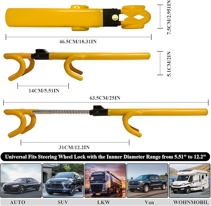 Steering Wheel Lock, Car Steering Wheel Lock Anti-Theft Device, Great Deterrent Adjustable Steering Double Hook Car Column Bar Lock for Car Truck Van and SUV, Heavy Duty Security