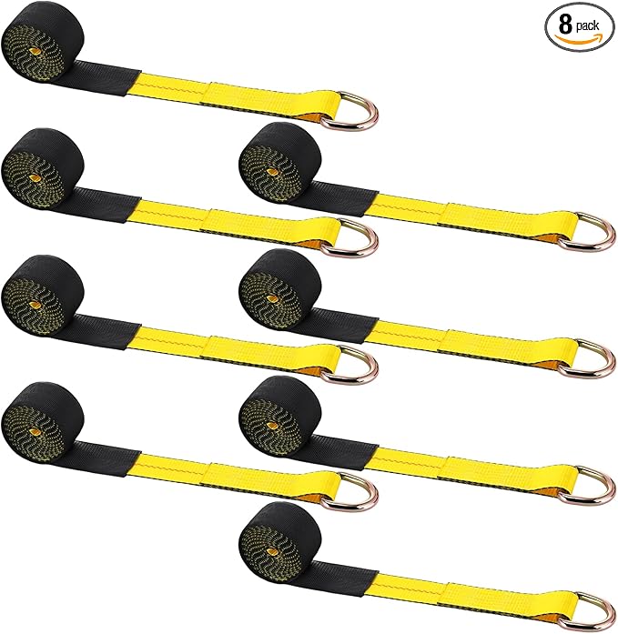 8 Pack 2" x 8ft Tow Truck Straps Lasso Wheel Lift Straps Lasso Tow Strap with D Ring 11, 000 Lbs Break Strength Auto Tie Down Auto Hauler for Trailer Truck Tie(Yellow)